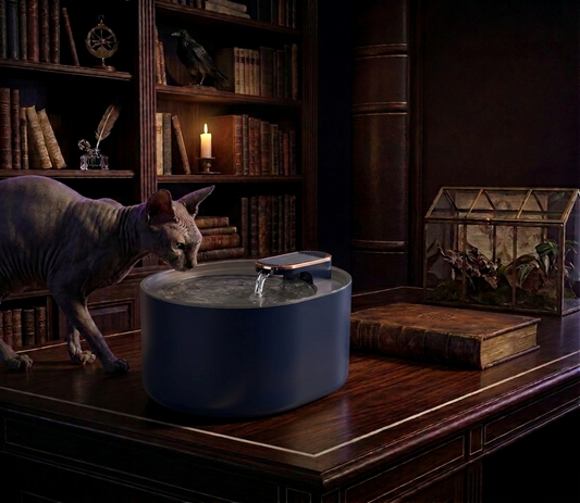 Cat drinking from a blue water fountain on a wooden desk with books and decorative items in the background