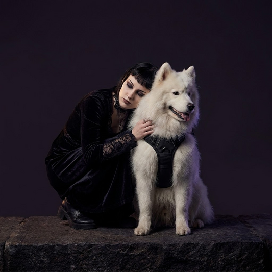 Woman in black attire sitting with a white dog on a dark background