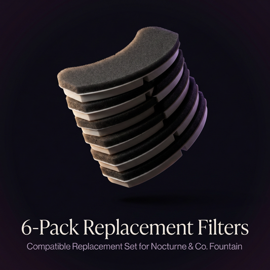 Stack of replacement filters with text indicating a 6-pack set for Nocturne & Co. Fountain on a dark background.